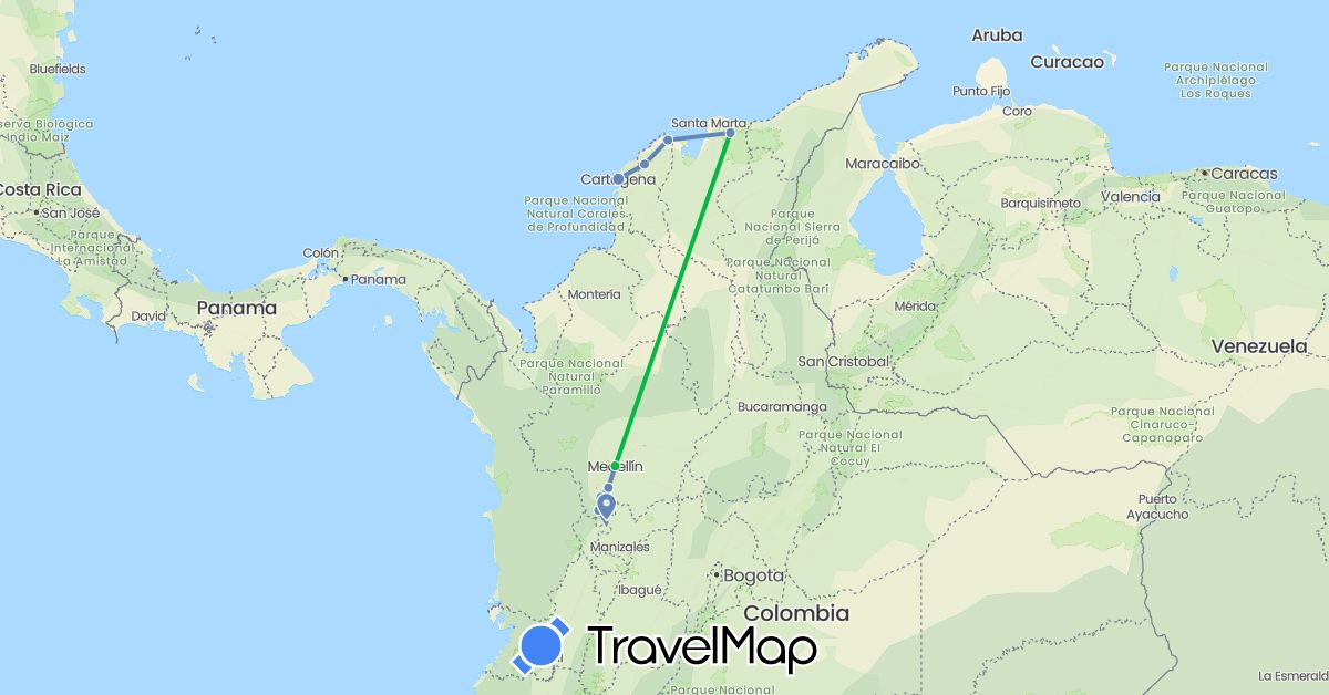 TravelMap itinerary: driving, bus, cycling in Colombia (South America)